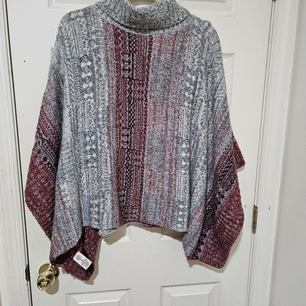 FREE PEOPLE M WILLOW PONCHO SWEATER BUTTON TURTLENECK ALPACA BLEND - Picture 4 of 6